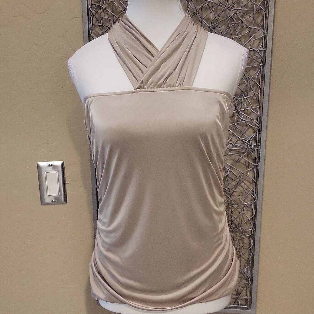 Moda International Taupe Gold Ruched Halter with Extra-Long Convertible Tie - Picture 2 of 5